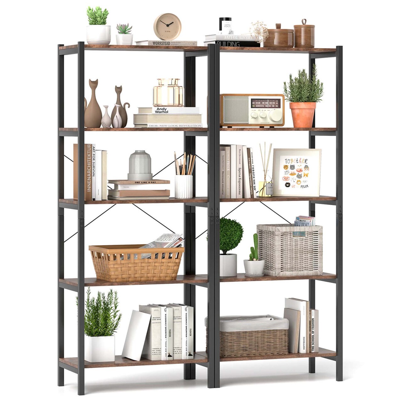 Costway 1/2 PCS 5-Tier Bookshelf Bookcase with Metal Frame & Dual Anti-Tipping Kits Storage Rack